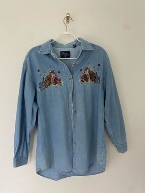 Embroidered “Let’s Quizz Again” Denim Button Up